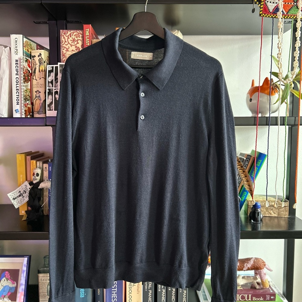 Everlane Men’s Fine merino wool Long Sleeve Polo Medium Navy